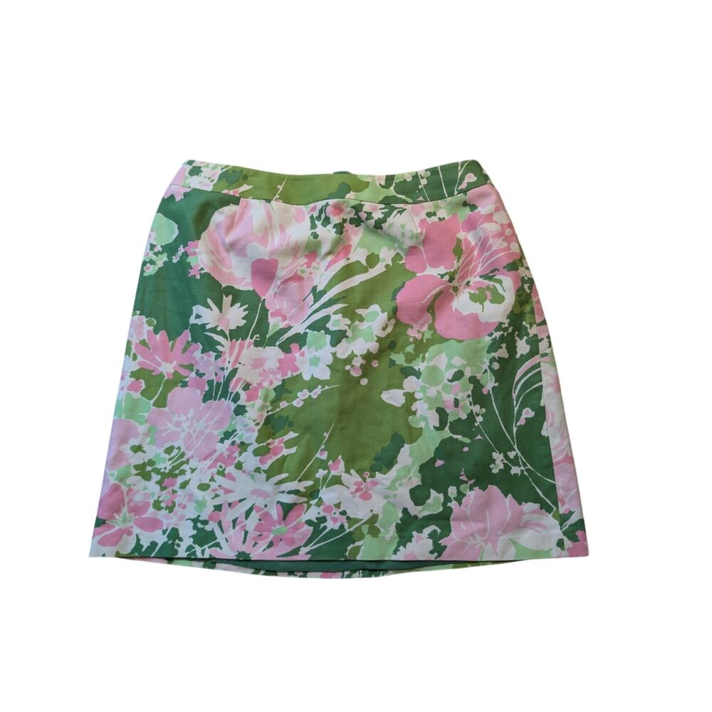 Talbots Woman Size 18W Green & Pink Floral A-Line Lined Mini Skirt Back elastic